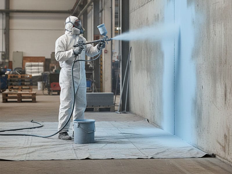 Professional painter airless spraying the interior of a large commercial warehouse