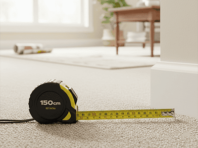 A tape measure extended against a living room wall to measure its length.