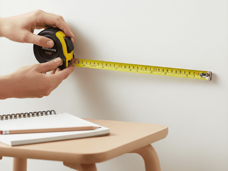 A person using a tape measure against a wall to calculate paint quantity.