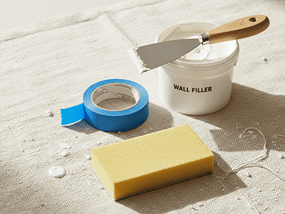A collection of painting preparation tools including tape, filler, and a sanding block.