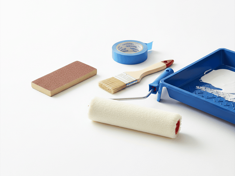 Essential painting tools laid out neatly on a drop sheet.