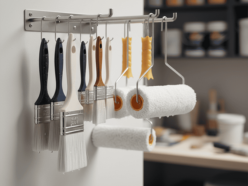 A set of perfectly clean paint brushes hanging neatly to dry.