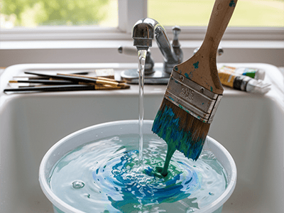 Paint brushes being washed in a bucket of water and then combed straight.
