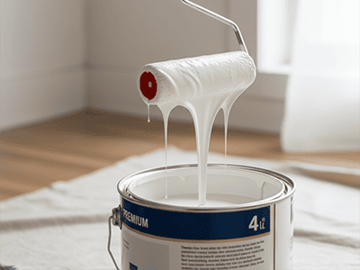 A multi-tool being used to scrape excess paint from a roller cover back into a paint can.