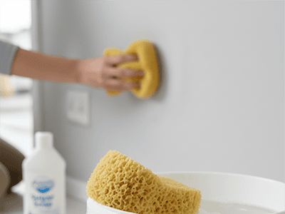 A soft sponge being used with a bucket of soapy water to clean a wall.