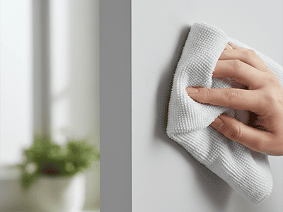 A soft, white microfibre cloth gently wiping a painted interior wall.