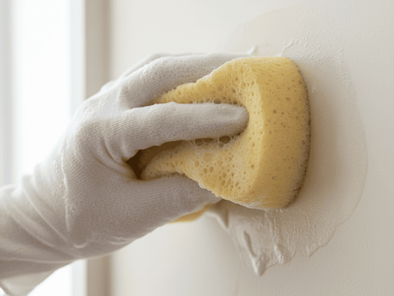 A soft sponge gently wiping a painted wall, leaving a clean surface.