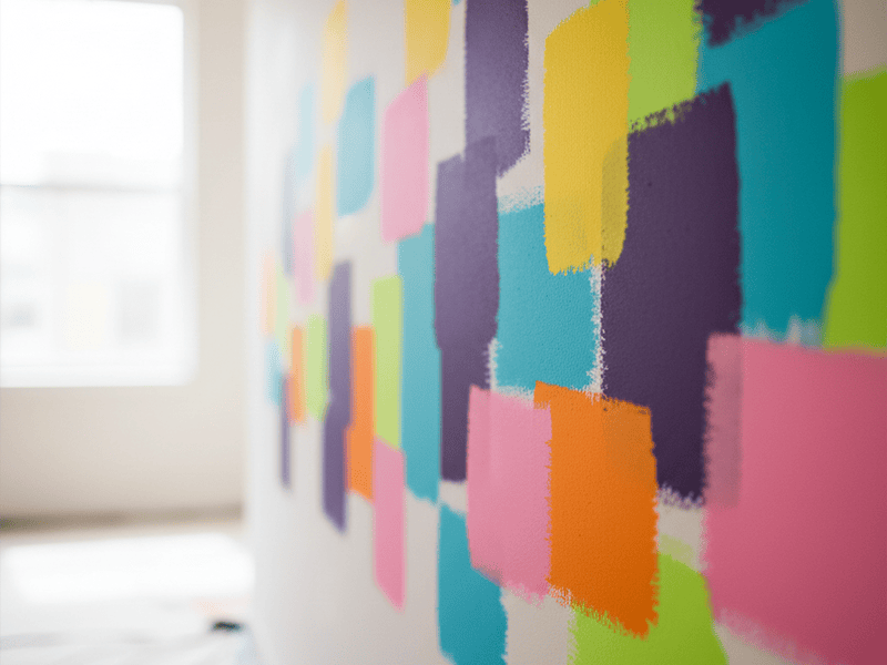 A wall with multiple clashing paint colour swatches applied.