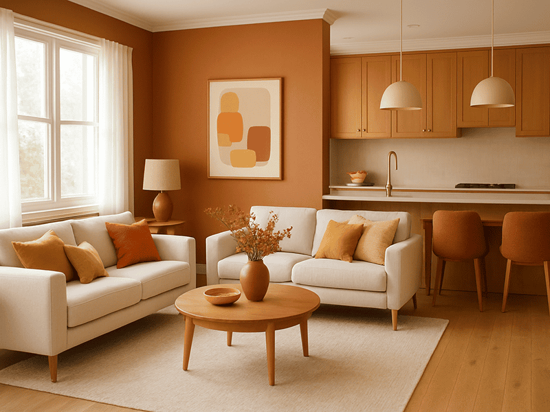 A modern open-plan living area with a cohesive neutral colour scheme.