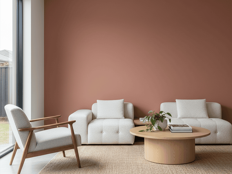 A stylish room painted in a trendy, earthy terracotta colour.