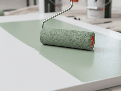 A mini foam roller applying a smooth coat of primer to a laminate cupboard door.