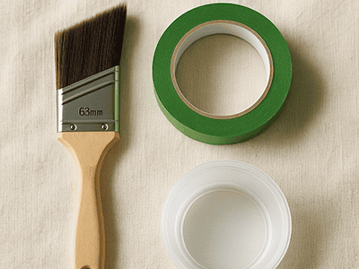 An angled paintbrush, a roll of painter's tape, and a small paint pot on a drop sheet.