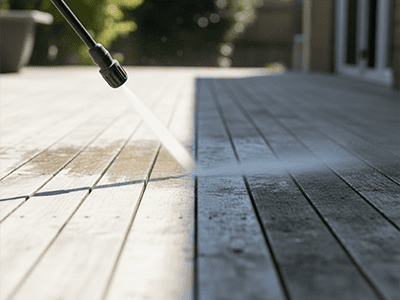 A pressure washer stripping old stain and grime from a timber deck.