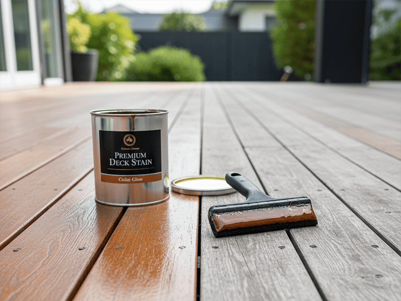 A beautiful timber deck, half of which is freshly stained a rich colour.