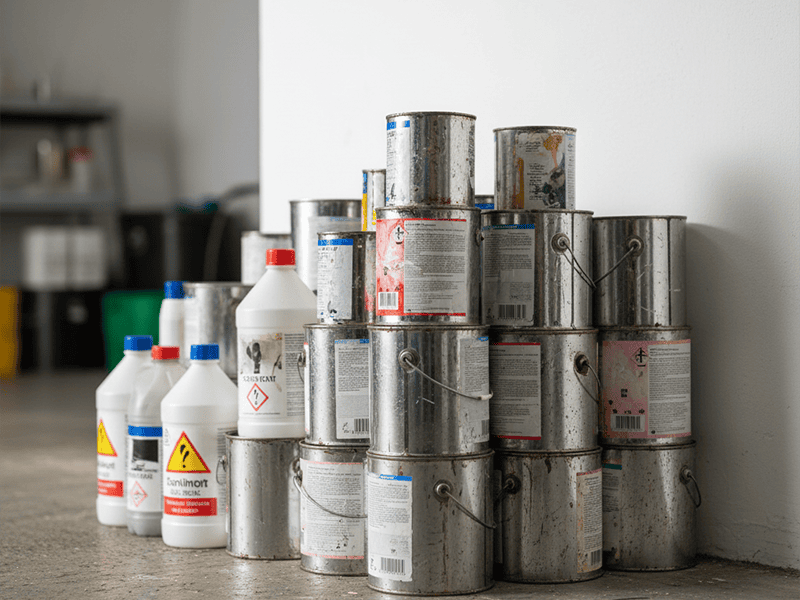 A neat stack of old paint cans ready for safe disposal.