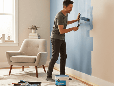 A person happily painting a single feature wall in their home as a DIY project.