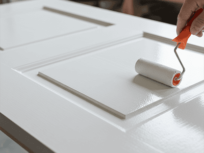 A mini foam roller applying a smooth coat of white paint to the panel of an interior door.