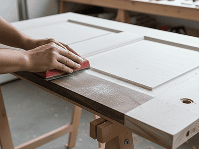 A wooden interior door with handles removed, being sanded in preparation for painting.