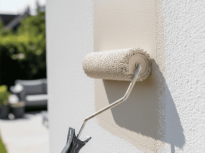 A paint roller applying a coat of exterior paint to a modern rendered wall.