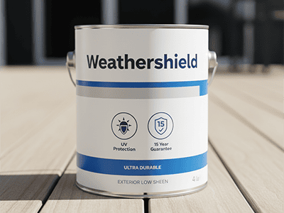 A can of Australian exterior paint with labels showing 'UV Protection' and 'Weather Shield'.
