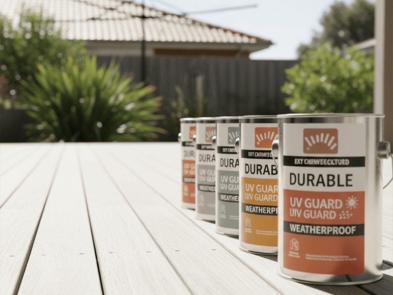 Several cans of exterior paint with labels indicating UV protection and durability.