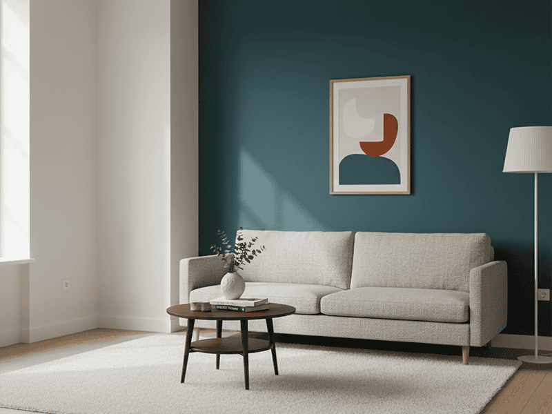A modern living room with a striking dark blue feature wall behind a sofa.