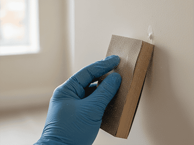 A small sanding block carefully sanding a dried paint drip on a wall.