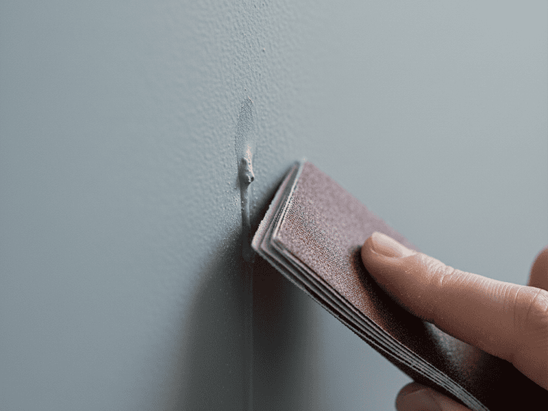 A piece of fine-grit sandpaper gently smoothing a dried paint drip on a wall.