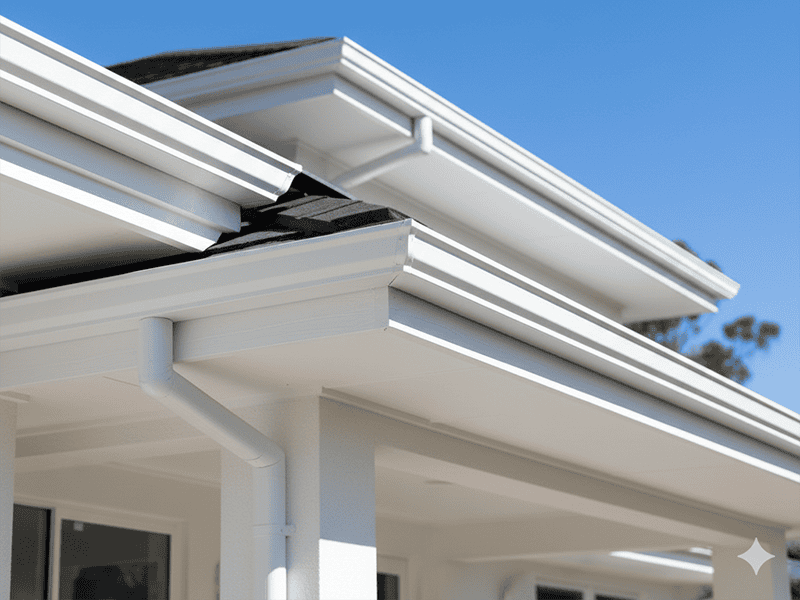 A view of the roofline of a house with freshly painted white gutters and fascias.