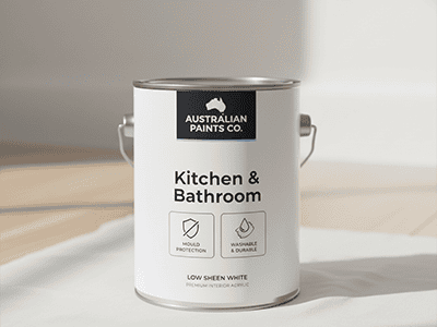 A can of Australian kitchen and bathroom paint with anti-mould properties on the label.