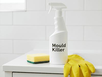 A spray bottle of mould killer and a sponge on a bathroom vanity.