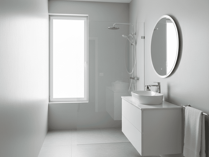 A bright, clean bathroom with freshly painted walls that have a slight sheen.