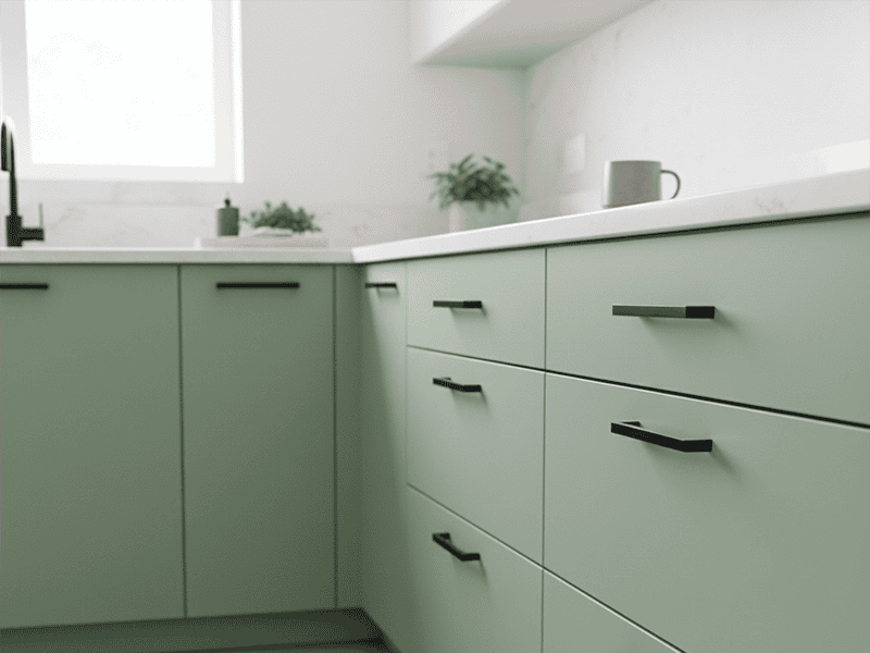 A modern kitchen with beautifully painted sage green laminate cupboards.