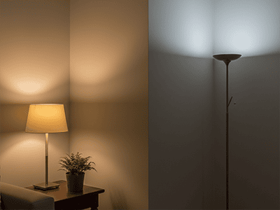 A room corner lit half with a warm yellow light and half with a cool white light.