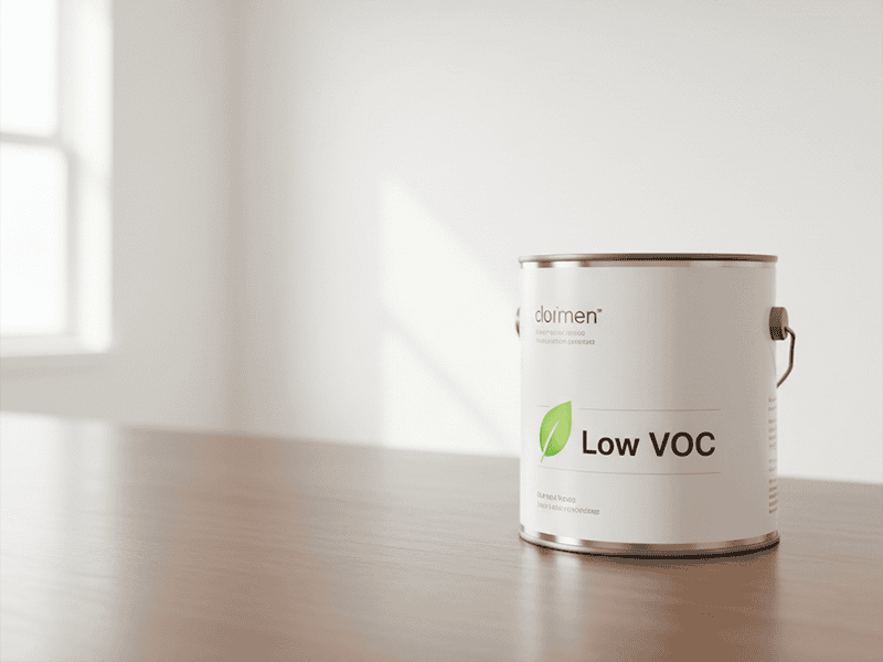 A modern paint can with a prominent 'Low VOC' label and a green leaf symbol.