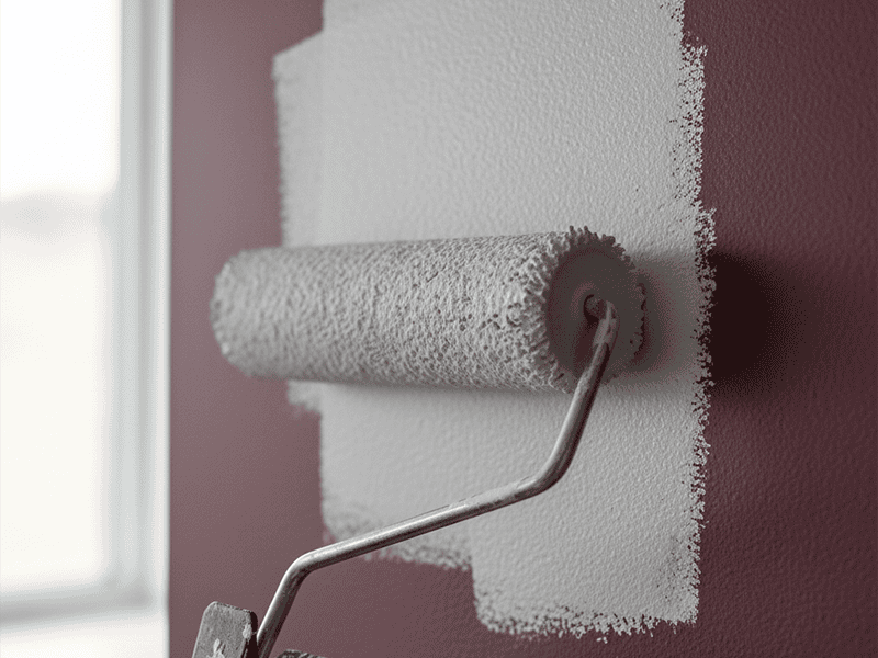 A light-coloured paint being rolled over a dark wall, showing excellent coverage.