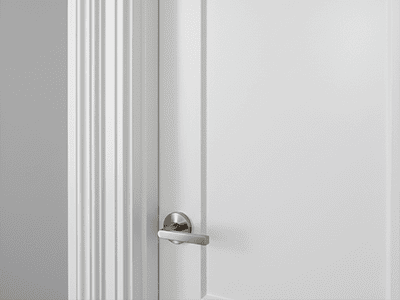 A freshly painted door and trim showing the contrast between a satin and semi-gloss finish.