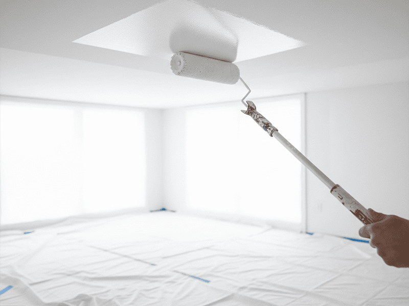 A paint roller on an extension pole painting a white ceiling, with drop sheets below.