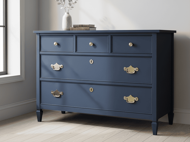 A vintage wooden dresser freshly painted in stylish navy blue chalk paint.