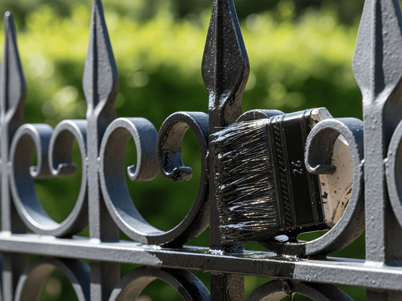 A paintbrush applying a coat of black protective paint to an ornate metal gate.