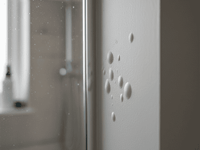 Paint bubbling on a bathroom wall near a shower due to high humidity.