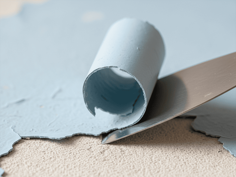 A paint scraper carefully removing a large piece of peeling paint from a wall.