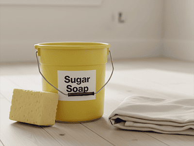 A bucket of Sugar Soap, a sponge, and a drop sheet ready for washing walls.