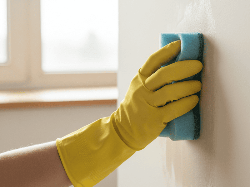 A hand in a glove wiping down a wall with a sponge before painting.