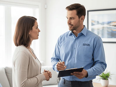 A professional painter discussing a project with a homeowner, holding a clipboard.