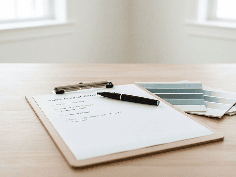 A clipboard with a checklist of questions, resting on a paint can.