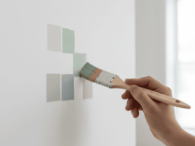 Several painted test swatches on a white wall to compare colours.