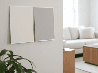 Two large, neatly painted sample boards propped against a wall in a living room.