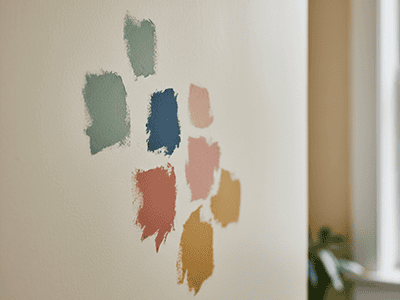 A messy wall with small, confusing paint swatches painted directly onto the old colour.