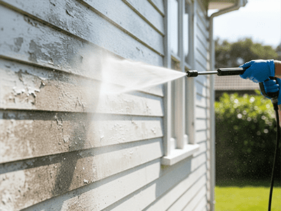 A pressure washer cleaning dirt and old paint from a weatherboard wall.